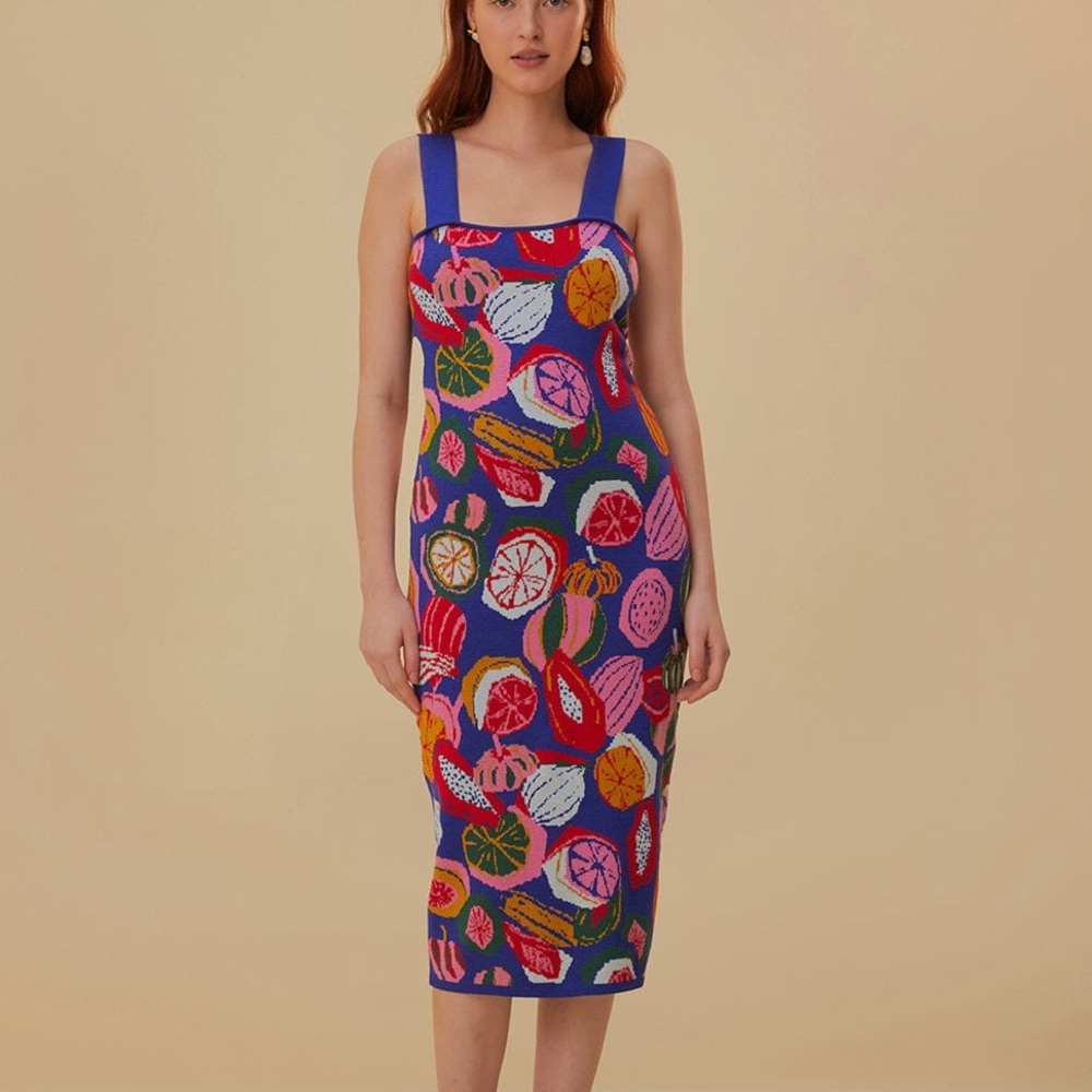 FARM Rio Purple Multicolor Fruit-Print Midi Dress